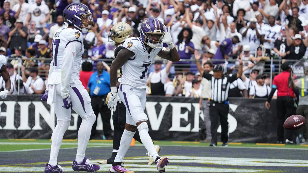 Sep 20, 2026; Baltimore, Maryland, USA;  Baltimore Ravens wide receiver Rashod Bateman (7) celebrates after scoring a touchdown in the second quarter against the New Orleans Saints at M&T Bank Stadium.  Mandatory Credit: James Lang-Imagn Images