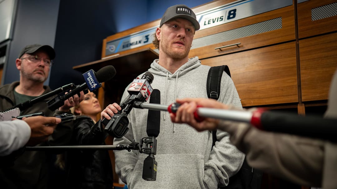 Tennessee Titans quarterback Will Levis gives an interview as the team cleans out their locker room at Ascension Saint Thomas Sports Park in Nashville, Tenn., Monday, Jan. 6, 2025.