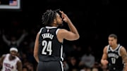 Nov 2, 2025; Brooklyn, New York, USA; Brooklyn Nets guard Cam Thomas (24) reacts after making a three point shot against the Philadelphia 76ers during the first half at Barclays Center. Mandatory Credit: John Jones-Imagn Images