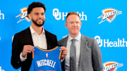 Ajay Mitchell stands with Thunder general manager Sam Presti during an introductory press conference for the 2024 Thunder draft picks at Oklahoma Contemporary Arts Center in Oklahoma City, Saturday, June, 29, 2024.