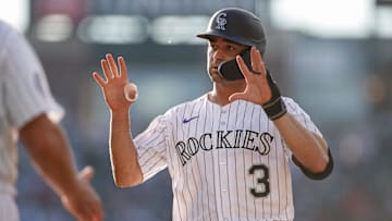 Jun 23, 2023; Denver, Colorado, USA; Colorado Rockies second baseman Coco Montes (3) reacts from first on an RBI single in the second inning against the Los Angeles Angels at Coors Field. Mandatory Credit: Isaiah J. Downing-Imagn Images