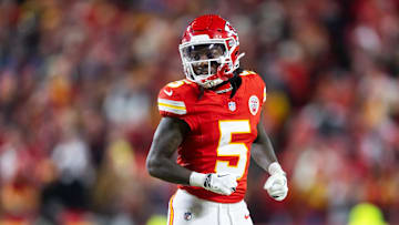 Jan 26, 2025; Kansas City, MO, USA; Kansas City Chiefs wide receiver Hollywood Brown (5) against the Buffalo Bills in the AFC Championship game at GEHA Field at Arrowhead Stadium. Mandatory Credit: Mark J. Rebilas-Imagn Images