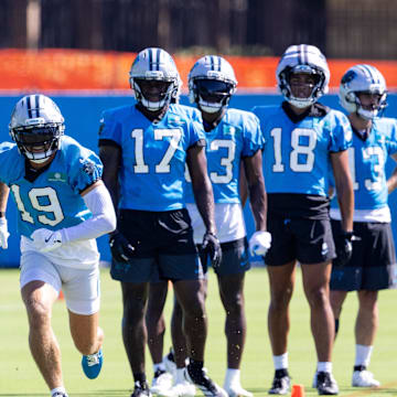 Jul 26, 2025; Charlotte, NC, USA; Carolina Panthers wide receiver Adam Thielen (19) runs routes during training camp. Mandatory Credit: Scott Kinser-Imagn Images