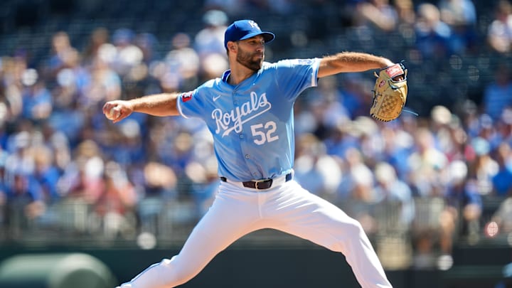 Sep 8, 2024; Kansas City, Missouri, USA; Kansas City Royals starting pitcher Michael Wacha (52) pitches during the first inning against the Minnesota Twins at Kauffman Stadium. Mandatory Credit: Jay Biggerstaff-Imagn Images