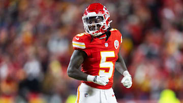 Jan 26, 2025; Kansas City, MO, USA; Kansas City Chiefs wide receiver Hollywood Brown (5) against the Buffalo Bills in the AFC Championship game at GEHA Field at Arrowhead Stadium. Mandatory Credit: Mark J. Rebilas-Imagn Images