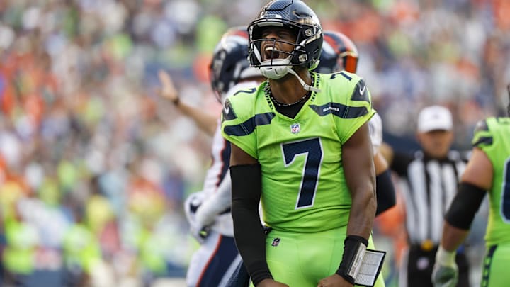 Sep 12, 2022; Seattle, Washington, USA; Seattle Seahawks quarterback Geno Smith (7) reacts following a play against the Denver Broncos during the second quarter at Lumen Field. 