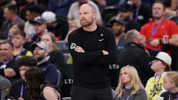 Mar 25, 2025; Salt Lake City, Utah, USA;  Memphis Grizzlies head coach Taylor Jenkins watches his team from the sidelines during the first quarter against the Utah Jazz at Delta Center. Mandatory Credit: Chris Nicoll-Imagn Images