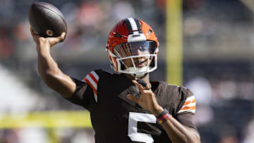 Oct 27, 2024; Cleveland, Ohio, USA; Cleveland Browns quarterback Jameis Winston (5) throws the ball during warm ups before the game against the Baltimore Ravens at Huntington Bank Field. Mandatory Credit: Scott Galvin-Imagn Images