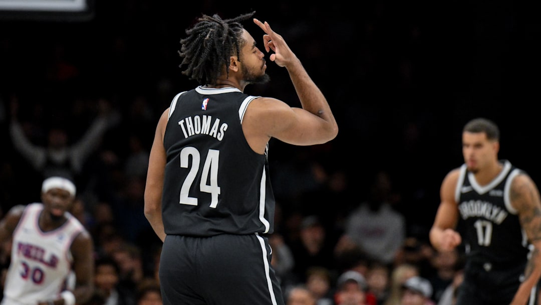 Nov 2, 2025; Brooklyn, New York, USA; Brooklyn Nets guard Cam Thomas (24) reacts after making a three point shot against the Philadelphia 76ers during the first half at Barclays Center. Mandatory Credit: John Jones-Imagn Images Nov 2, 2025; Brooklyn, New York, USA; Brooklyn Nets guard Cam Thomas (24) reacts after making a three point shot against the Philadelphia 76ers during the first half at Barclays Center. Mandatory Credit: John Jones-Imagn Images