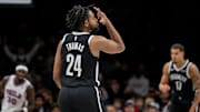 Nov 2, 2025; Brooklyn, New York, USA; Brooklyn Nets guard Cam Thomas (24) reacts after making a three point shot against the Philadelphia 76ers during the first half at Barclays Center. Mandatory Credit: John Jones-Imagn Images