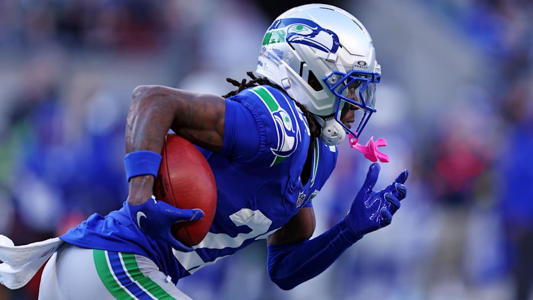 Nov 30, 2025; Seattle, Washington, USA; Seattle Seahawks wide receiver Rashid Shaheed (22) runs the ball during the second half against the Minnesota Vikings at Lumen Field. Mandatory Credit: Kevin Ng-Imagn Images