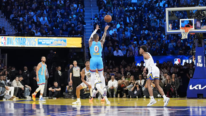 Shaq’s OGs guard Damian Lillard (0) of the Milwaukee Bucks shoots against Candace’s Rising Stars during the 2025 NBA All Star Game at Chase Center. s Shaq’s OGs guard Damian Lillard (0) of the Milwaukee Bucks shoots against Candace’s Rising Stars during the 2025 NBA All Star Game at Chase Center. s