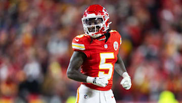 Jan 26, 2025; Kansas City, MO, USA; Kansas City Chiefs wide receiver Hollywood Brown (5) against the Buffalo Bills in the AFC Championship game at GEHA Field at Arrowhead Stadium. Mandatory Credit: Mark J. Rebilas-Imagn Images