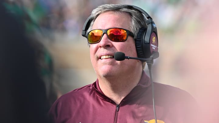 Sep 16, 2023; South Bend, Indiana, USA; Central Michigan Chippewas head coach Jim McElwain watches in the third quarter against the Notre Dame Fighting Irish at Notre Dame Stadium. Mandatory Credit: Matt Cashore-USA TODAY Sports