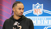 Feb 28, 2025; Indianapolis, IN, USA; Ohio State wideout Emeka Egbuka (WO12) speaks during a press conference during the 2025 NFL Combine at Indiana Convention Center.