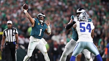 Sep 4, 2025; Philadelphia, Pennsylvania, USA; Philadelphia Eagles quarterback Jalen Hurts (1) passes the ball against the Dallas Cowboys during the second quarter of the game at Lincoln Financial Field. Mandatory Credit: Bill Streicher-Imagn Images