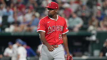 Aug 25, 2025; Arlington, Texas, USA; Los Angeles Angels starting pitcher Jose Soriano (59) leaves the game during the sixth inning against the Texas Rangers at Globe Life Field. Mandatory Credit: Jim Cowsert-Imagn Images