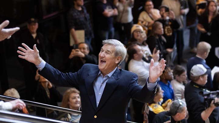 Oct 11, 2023; Boston, Massachusetts, USA; Boston Bruins Hall of Famer Bobby Orr greets other former players as he enters TD Garden during ceremonies honoring the Boston Bruins 100th year in the NHL. Mandatory Credit: Winslow Townson-Imagn Images