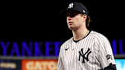 Oct 8, 2025; Bronx, New York, USA; New York Yankees pitcher Cam Schlittler (31) before pitching against the Toronto Blue Jays during game four of the ALDS round for the 2025 MLB playoffs at Yankee Stadium. Mandatory Credit: Vincent Carchietta-Imagn Images