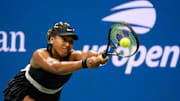 Aug 29, 2024; Flushing, NY, USA;  Naomi Osaka (JPN) hits to Karolina Muchova (CZE) on day four of the 2024 U.S. Open tennis tournament at USTA Billie Jean King National Tennis Center. 