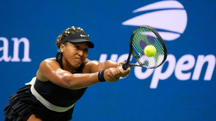 Aug 29, 2024; Flushing, NY, USA;  Naomi Osaka (JPN) hits to Karolina Muchova (CZE) on day four of the 2024 U.S. Open tennis tournament at USTA Billie Jean King National Tennis Center. 