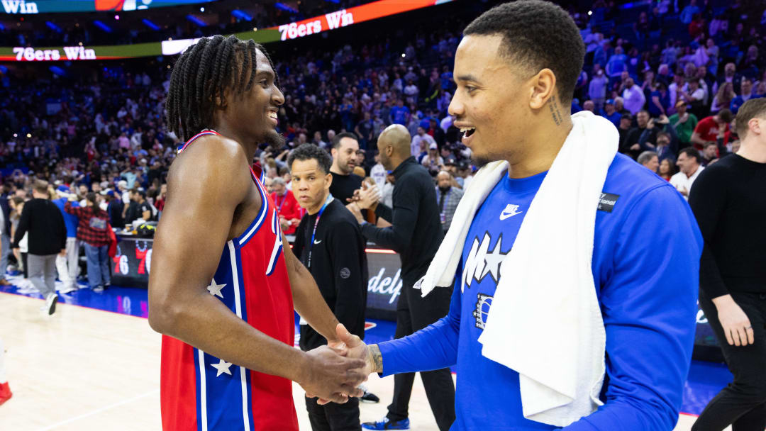 Apr 12, 2024; Philadelphia, Pennsylvania, USA; Philadelphia 76ers guard Tyrese Maxey (0) and Orlando