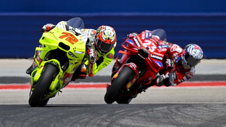 Apr 13, 2024; Austin, TX, USA; Marco Bezzecchi (72) of Italy and Pertamina Enduro VR46 and Enea Bastianini (23) of Italy and Ducati Lenovo Team rides during the qualifying session for the MotoGP Grand Prix of the Americas at Circuit of The Americas. Mandatory Credit: Jerome Miron-USA TODAY Sports