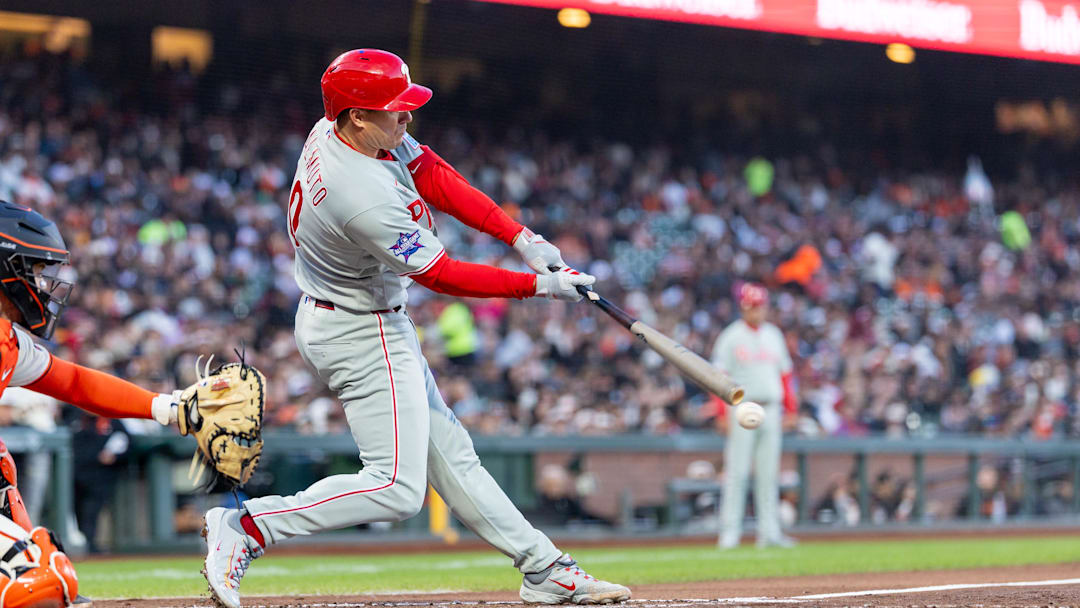 Apr 6, 2026; San Francisco, California, USA; Philadelphia Phillies catcher J.T. Realmuto (10) singles during the second inning San Francisco Giants at Oracle Park. Mandatory Credit: Bob Kupbens-Imagn Images