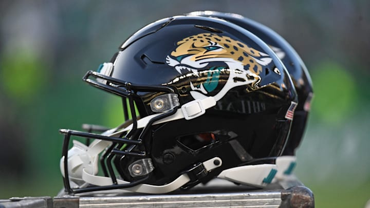 Jacksonville Jaguars helmets on the sidelines against the Philadelphia Eagles at Lincoln Financial Field. Jacksonville Jaguars helmets on the sidelines against the Philadelphia Eagles at Lincoln Financial Field.