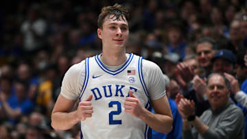Mar 3, 2025; Durham, North Carolina, USA;  Duke Blue Devils forward Cooper Flagg (2) reacts as he heads to the bench during the second half against the Wake Forest Demon Deacons at Cameron Indoor Stadium.