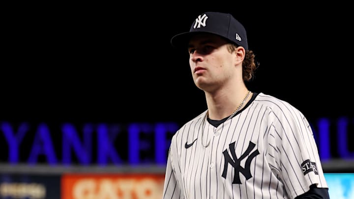 Oct 8, 2025; Bronx, New York, USA; New York Yankees pitcher Cam Schlittler (31) before pitching against the Toronto Blue Jays during game four of the ALDS round for the 2025 MLB playoffs at Yankee Stadium. Mandatory Credit: Vincent Carchietta-Imagn Images