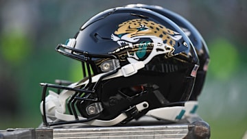Nov 3, 2024; Philadelphia, Pennsylvania, USA; Jacksonville Jaguars helmets on the sidelines against the Philadelphia Eagles at Lincoln Financial Field. Mandatory Credit: Eric Hartline-Imagn Images