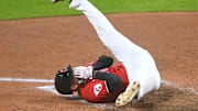Sep 23, 2025; Cleveland, Ohio, USA; Cleveland Guardians designated hitter David Fry (6) reacts after he was hit in the face with a foul ball in the sixth inning against the Detroit Tigers at Progressive Field. Mandatory Credit: David Richard-Imagn Images