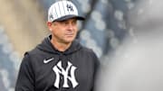 Feb 20, 2025; Tampa, FL, USA; New York Yankees manager Aaron Boone (17) looks on during work outs at George M. Steinbrenner Field. Mandatory Credit: Kim Klement Neitzel-Imagn Images