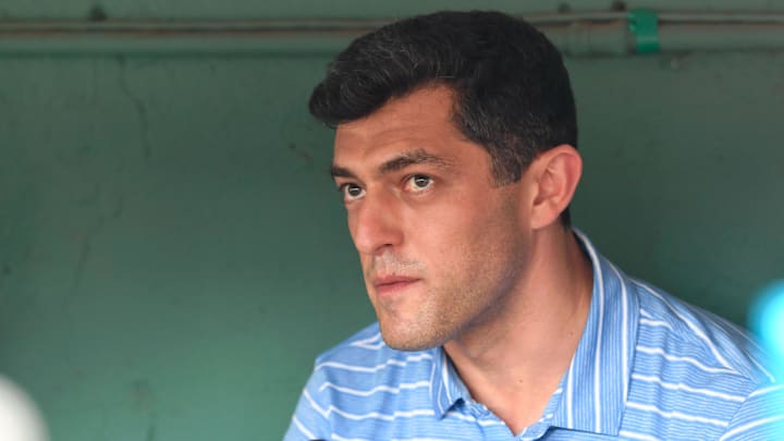 Chaim Bloom talks with the media before a game against the Cleveland Guardians at Fenway Park.