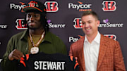 Cincinnati Bengals first-round draft pick Shemar Stewart, left, and head coach Zac Taylor, right, pose together ahead of a press conference, Friday, April 25, 2025, at Paycor Stadium in Downtown Cincinnati.