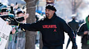 Philadelphia Eagles quarterback Jalen Hurts celebrates during the Super Bowl LIX championship parade and rally.