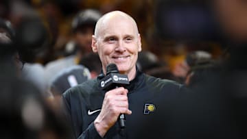 May 31, 2025; Indianapolis, Indiana, USA; Indiana Pacers head coach Rick Carlisle speaks after game six of the eastern conference finals against the New York Knicks for the 2025 NBA Playoffs at Gainbridge Fieldhouse. Mandatory Credit: Trevor Ruszkowski-Imagn Images