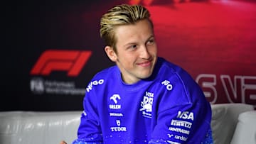 Nov 20, 2024; Las Vegas, Nevada, USA; Visa Cash App RB driver Liam Lawson (30) during media availabilities at Las Vegas Circuit. Mandatory Credit: Gary A. Vasquez-Imagn Images