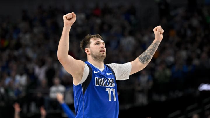 Apr 4, 2024; Dallas, Texas, USA; Dallas Mavericks guard Luka Doncic (77) celebrates during the second half against the Atlanta Hawks at the American Airlines Center. Mandatory Credit: Jerome Miron-USA TODAY Sports