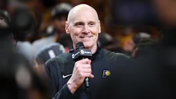 May 31, 2025; Indianapolis, Indiana, USA; Indiana Pacers head coach Rick Carlisle speaks after game six of the eastern conference finals against the New York Knicks for the 2025 NBA Playoffs at Gainbridge Fieldhouse. Mandatory Credit: Trevor Ruszkowski-Imagn Images
