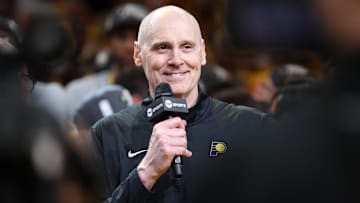 May 31, 2025; Indianapolis, Indiana, USA; Indiana Pacers head coach Rick Carlisle speaks after game six of the eastern conference finals against the New York Knicks for the 2025 NBA Playoffs at Gainbridge Fieldhouse. Mandatory Credit: Trevor Ruszkowski-Imagn Images
