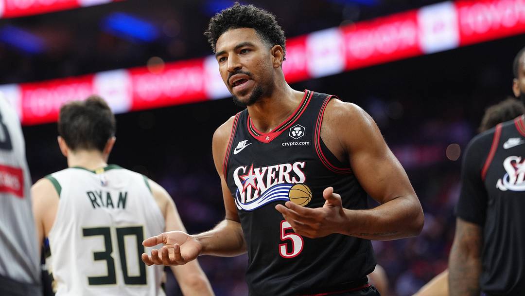 Apr 12, 2026; Philadelphia, Pennsylvania, USA; Philadelphia 76ers guard Quentin Grimes (5) reacts against the Milwaukee Bucks in the second quarter at Xfinity Mobile Arena. Mandatory Credit: Kyle Ross-Imagn Images