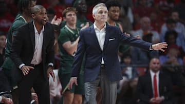 Jan 11, 2023; Houston, Texas, USA; South Florida Bulls head coach Brian Gregory reacts during the first half against the Houston Cougars at Fertitta Center. Mandatory Credit: Troy Taormina-Imagn Images