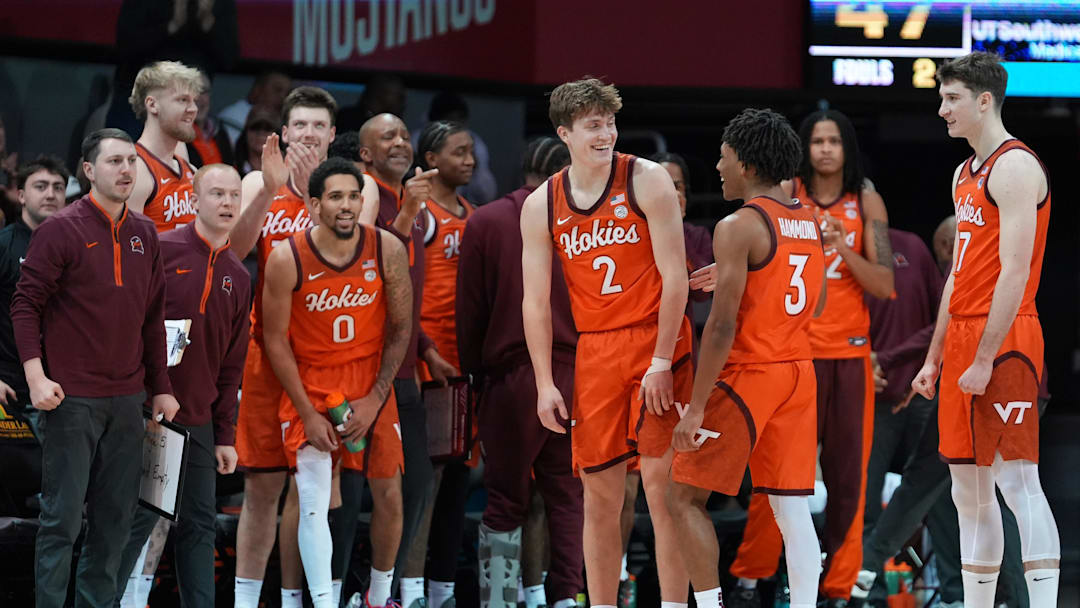 Jan 14, 2026; Dallas, Texas; Virginia Tech guard Jaden Schutt (2) laughs after being fouled on a three-point shot against SMU.