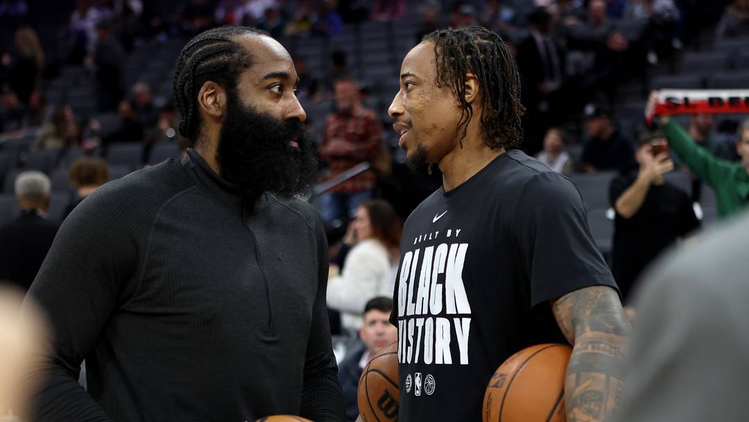 Feb 7, 2026; Sacramento, California, USA; Cleveland Cavaliers guard James Harden (1) and Sacramento Kings forward DeMar DeRozan (10) talk at mid-court before the game at Golden 1 Center. Mandatory Credit: Dennis Lee-Imagn Images