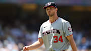 Jun 22, 2025; Los Angeles, California, USA;  Washington Nationals starting pitcher Michael Soroka (34) looks on as he is taking out from the game during the sixth inning at Dodger Stadium. 