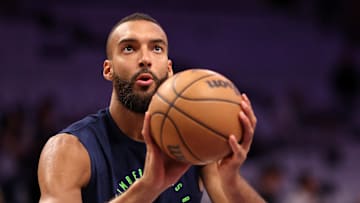 Apr 22, 2025; Los Angeles, California, USA; Minnesota Timberwolves center Rudy Gobert (27) warms up before a game two of first round for the 2024 NBA Playoffs against the Los Angeles Lakers at Crypto.com Arena. Mandatory Credit: Kiyoshi Mio-Imagn Images