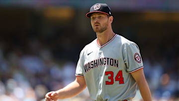 Jun 22, 2025; Los Angeles, California, USA;  Washington Nationals starting pitcher Michael Soroka (34) looks on as he is taking out from the game during the sixth inning at Dodger Stadium. 