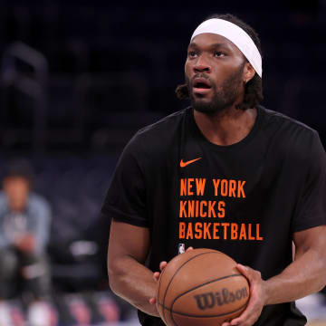 May 19, 2024; New York, New York, USA; New York Knicks forward Precious Achiuwa (5) warms up before game seven of the second round of the 2024 NBA playoffs against the Indiana Pacers at Madison Square Garden. Mandatory Credit: Brad Penner-USA TODAY Sports